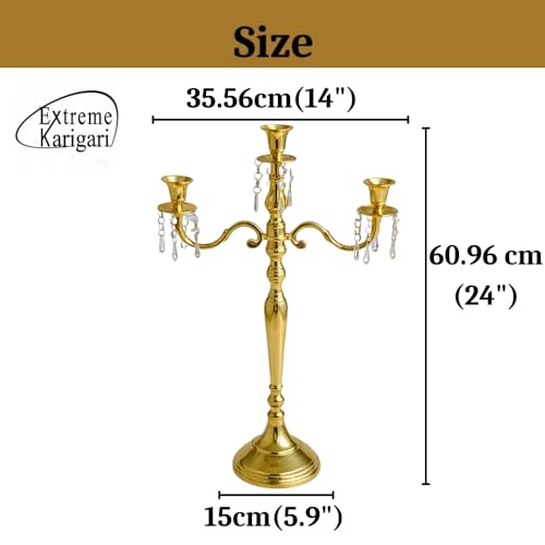 Image of Premium 24 Inch Golden Aluminum 3-Arm Candle Stand with Crystal Hangings | Luxury Centerpiece for Home Decor, Weddings, Festive Decoration & Dining Table