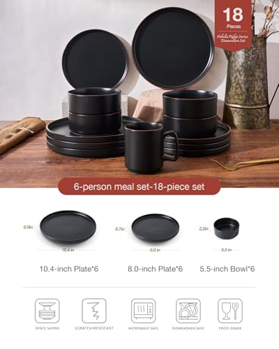 Image of Famiware Nebula Ridge Stoneware Dinnerware Sets for 6, Plates and Bowls Sets, 18 Pieces Dishes Set, Microwave and Dishwasher Safe Kitchen Plates, Matte Black