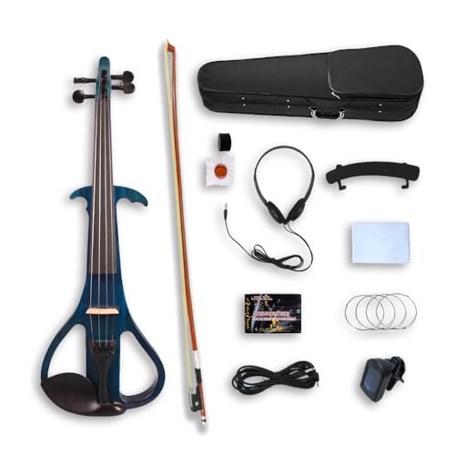 YoungMonic Violín eléctrico de 4 cuerdas, tamaño completo 4/4, violín eléctrico silencioso negro, madera maciza azul, violín eléctrico de colores mezclados con accesorios de ébano, kit de
