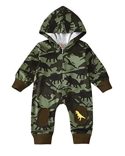 Qiylii Newborn Baby Boy Hoodie Zipper Rompers Dinosaur Print One Piece Jumpsuit Overall Outfit 0-12M (0-3 Months, Army Green)