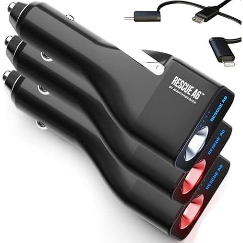 Rescue A6 3 Pack Emergency 6-in1 Car Crash Safety Device USB Car Charger Window Breaker Seat Belt Cutter 2200mAh Power Bank Powerful LED Flashlight (Ver 2.0) (3 Pack) Cover