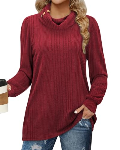 Bulotus Women's Turtleneck Tunic Sweaters Long Sleeve Ribbed Knit Comfy Loose Casual Fall Sweater