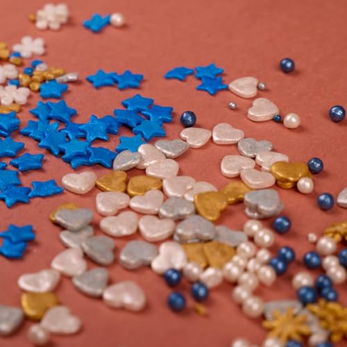 Confect Christmas Sprinkles | Blue, White, Gold & Silver Mix | Edible Pearl, Star & Heart Shaped Sprinkles | Holiday Cake & Cupcake Decorations- 5 Oz