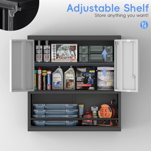 Image of Garage Locking Cabinet, Wall Storage Cabinet with Shelves, Hanging Cabinets with Open Storage, Small Wall Cabinet, Lockable Tool Cabinet for Basement, School, Office