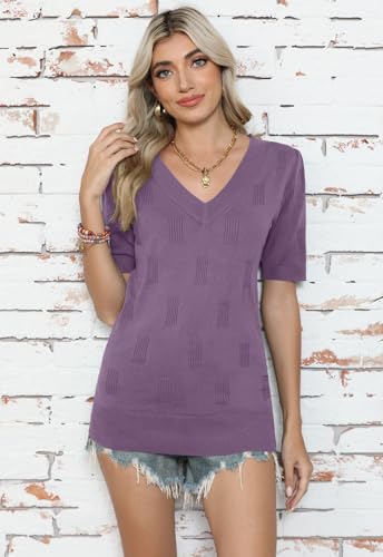 Image of Yincro Womens Short Sleeve Sweaters Fall Summer Tops V Neck Lightweight Knit Pullovers