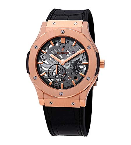 Hublot Classic Fusion 18kt Rose Gold Hand Wind Skeleton Dial Black Leather Men's Watch 515.OX.0180.LR