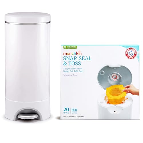Image of Munchkin® STEP™ Diaper Pail Powered by Arm & Hammer, #1 in Odor Control, Award-Winning, Includes 21 Snap, Seal & Toss™ Bags, 1 Starter Refill Ring, and 1 PUCK™ Baking Soda Cartridge
