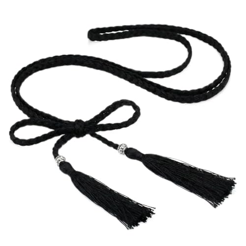Image of Hopzab Women's Skinny Braided Rope Waist Belt with Tassel, Trendy Boho Thin Belt for Skirt & Dress, Fashionable Waistband for Ladies, Woven for Casual & Party Outfits(Black)