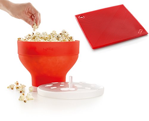 Lekue 微波炉爆米花机/爆米花机，带多用途三脚架隔热垫，红色