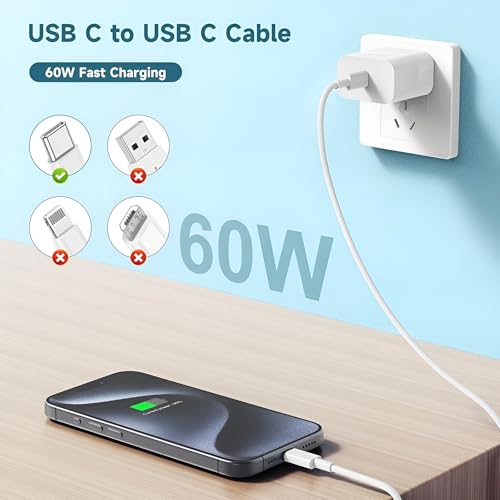 Image of 60W Fast Charger Cable for Iphone 15 /15 Plus /15 Pro Max, MacBook, Samsung S24 ultra /S24 Plus /S23 Ultra /S22 /S23 Fe 5G,S21 fe, Nothing phone 2a /2 /2a Plus, Galaxy Tab /Pad, USB C 60 w Charging Cord, White