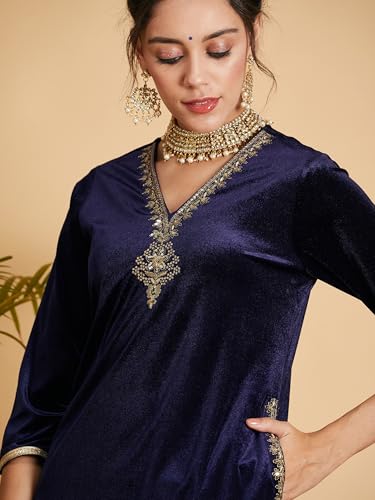 Image of Women's Velvet Floral Embroidered Straight Kurta | Round Neck Three-Quarter Sleeve Calf Length Kurti with Thread Work