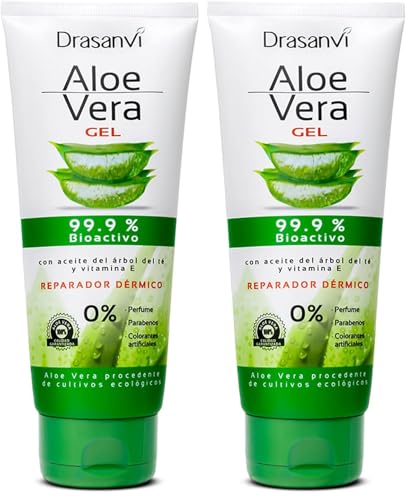 DRASANVI Gel de Aloe Vera con Árbol de Té y Vitamina E | Regenerador Natural para la Piel 100% Natural | Hidratante para el Cuerpo y Rostro | Repara, Calma y Protégé,0% Perfumes y Parabenos,200 ml