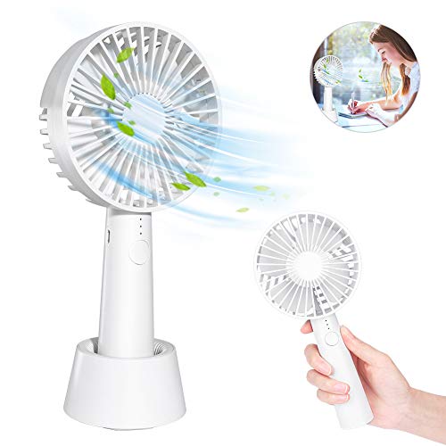 E-More Mini Ventilador de Mano portátil USB Recargable con Pilas Ventilador de Mano con Base, batería 2200mAh, 3 Modos para el hogar, Oficina, Dormitorio y Viajes al Aire Libre (Blanco)