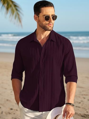 Image of DEELMO Men's Button Down Dress Shirts Textured Long Sleeve Casual Hawaiian Beach Shirt
