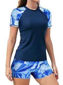 SHEKINI Frauen Built In BH 2-teilige Rash Guard Badeanzüge mit kurzen Ärmeln Top für Boyshort (Blaue Wasserwellen, XX-Large)