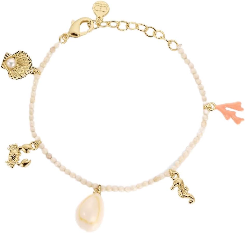 Ocean Mini Charm Bracelet 7 1/4" - Latón chapado en oro de 18 quilates - Diseño de encanto inspirado en el océano - Recuerdo nostálgico de verano - Longitud de cadena ajustable, cierre de langosta
