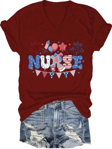 4th of July Nurse Shirt, Funny Graphic Tees 4th of July Nurse V Neck Nursing T-Shirt for Women Men