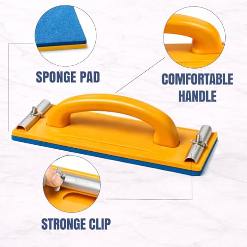 Image of Sanding Hand Block Sleeker - Manual Sandpaper Holder with Dual Metal Clips, Soft Base & Strong Orange Plastic Body for Wood & Wall Sanding (Sleeker Yellow, 9 inch)