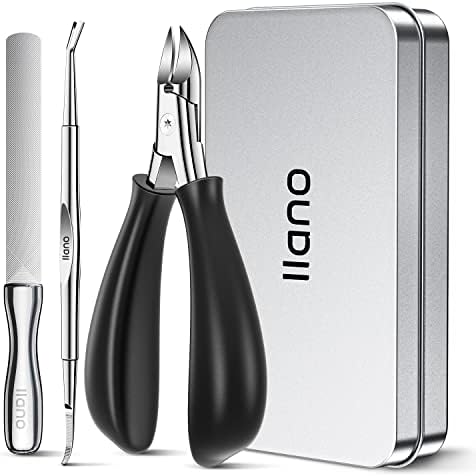 Professional Thick Toenail Clippers, llano Upgraded Built-in Hidden Spring, Podiatrist Ingrown Toenail Nippers Washable Stainless Steel Curved, with Cuticle Pusher and Nail File for Men Women Seniors