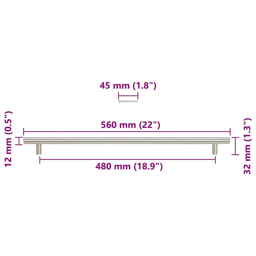 Tiradores de muebles de acero inoxidable, 5 unidades, forma de T, para cajón, puerta, armario, distancia entre orificios centrales de 480 mm, cepillados, con tornillos recortables, para