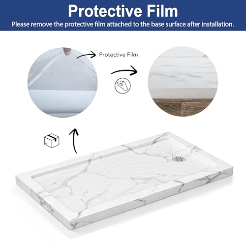 KPUY Shower Base, 54\'\' L X 32\'\' W Shower Pan with Reversible Installation Drain, Slip Resistant Design & Non‑Integrated Flange, Carrara White - Thumbnail 6