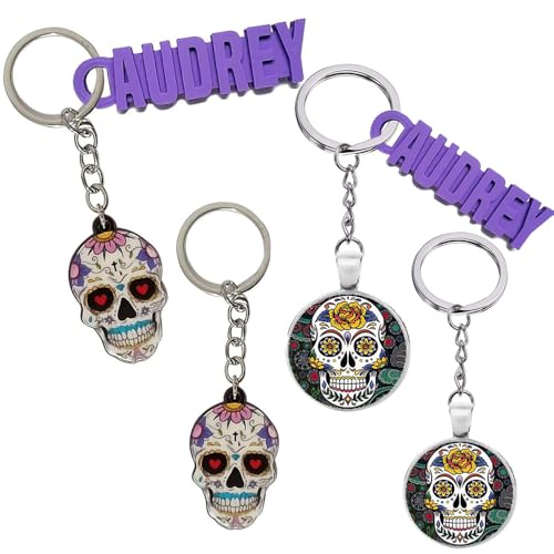 Porte-Clés Original, Avec ou Sans Prénom, Tête de Mort, Calavera, Fête, Carnaval, Mexique, Plusieurs Modèles au Choix, Personnalisable, Bijou de Sac, Pour Homme et Femme (Style 2 sans Prénom)