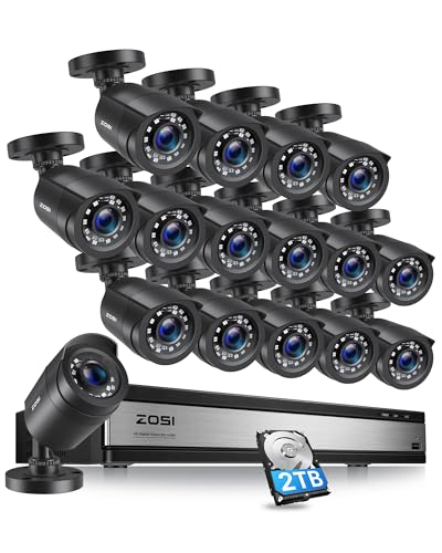 ZOSI Surveillance Cameras Kit 16pcs 1080P CCTV Outdoor Security Camera with 16CH H.265+ DVR Recorder, IR Night Vision, Motion Detection, 2TB Hard Driv...