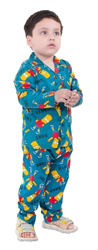 Image of TONY & JONY Summer Casual Wear Self Design Cartoons Printed Full Sleeve 100% Pure Cotton Kid's Top Bottom Set /Night Suit