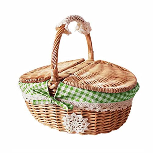 WUHNGD Cesta de mimbre para picnic con doble tapa y asa, cesta de picnic tejida ovalada de sauce para picnic, camping, senderismo, boda Cover