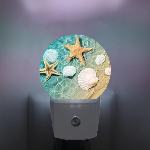 Image of Starfish and Sea Plug-in Night Light Dusk to Dawn Smart Sensor White Led Nightlight for Bedroom Bathroom Kitchen Hallway Stairs Hallway Energy Efficient Decor Desk Lamp