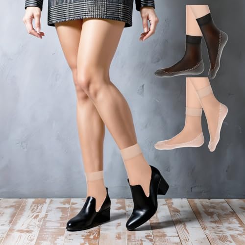 Image of 12 Pairs Sheer Socks Women Ankle Nylon Socks For Women Summer Anti-Slip Ankle Stockings Hosiery Reinforced Bottom And Toe Black Nude