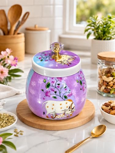 Image of Decorative Flower Printed Pichwai Jars | Metal Storage Jars with Lid | Traditional Indian Art Containers for Sweets, Spices, Pooja & Return Gifting