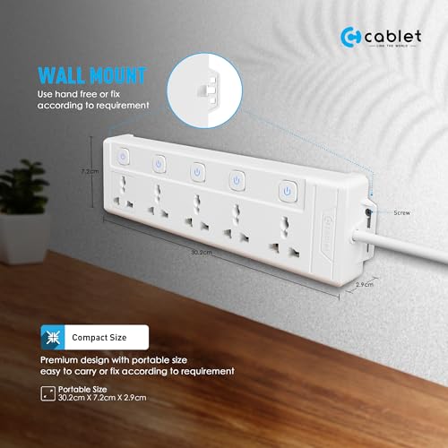 Image of Cablet Extension Board 3 Meter Cable, 2500W 10A, 5 Universal Multi Plug Socket, 5 Individual Switches, 3 Mtr Heavy Duty Cord, LED Indicator, Power Strip for Home & Office Use