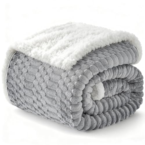 Gracelife Sherpa Throw Blanket for Couch Flannel Cozy Soft Thick Blanket Warm Queen Blanket for Bed Fleece Home Decor Gifts, Z01 - Light Grey, 80"*90"