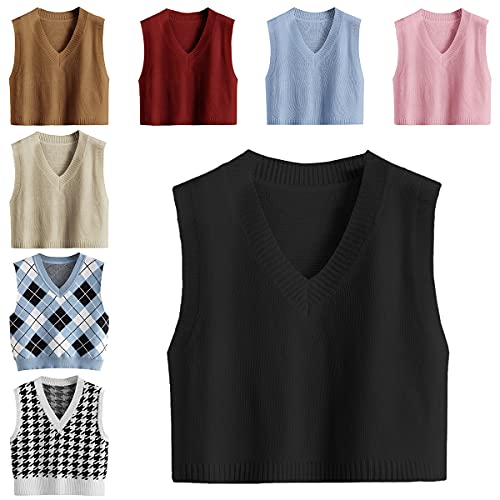 Romwe Women's Knit Sweater Vest Women Crop Y2K Sweater Vests V Neck Sleeveless JK Uniform Pullover Knitwear Tops Black M Romwe Women's Knit Sweater Vest Women Crop Y2K Sweater Vests V Neck Sleeveless JK Uniform Pullover Knitwear Tops Black M