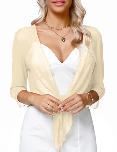Image of Aiboria Womens 3 /4 Sleeve Shrug Sheer Mesh Bolero Tie Front Cropped Cardigan S-XXL
