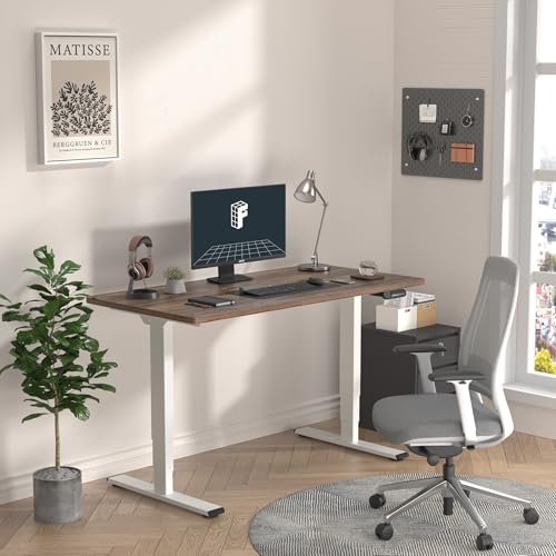 Image of FLEXISPOT E6 3-Stage Dual Motor Electric Standing Desk 55 x 28 Sit Stand Up Desk, Holds 220 lbs, Adjustable Height w /Memory Presets, One-Piece Brown Wood Grain Desktop & White Frame, Ships in 2 Boxes