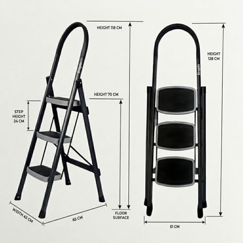 Image of Dropin Premium Steel 3 Step Foldable Ladder for Home Use with Built-in Tool Tray,Climb Easy Anti-SliWide Rubber Secure Lock 150Kg Capacity,Heavy Duty D Shape Rods - 20 x 30 cm Large Platform