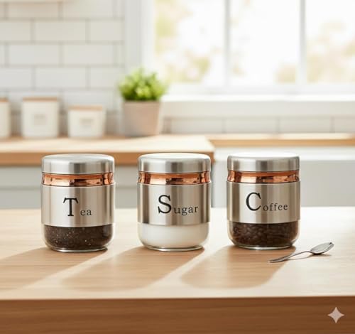 Image of 350ml Canister Set of 3 | Premium Glass Jars with Stainless Steel Lids | Airtight Kitchen Storage Containers for Tea, Coffee, Sugar | Transparent Spices Masala Organizer