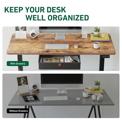 Image of FEZIBO 60 x 24 Inches Standing Desk with Drawer, Adjustable Height Electric Stand up Desk, Sit Stand Home Office Desk, Ergonomic Workstation Black Steel Frame /Rustic Tabletop