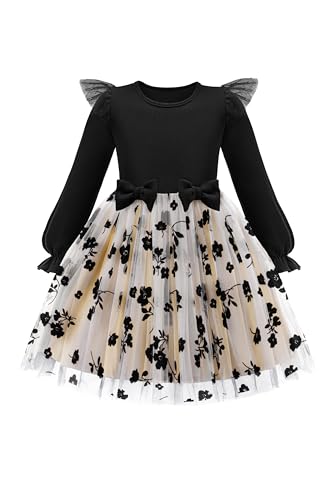 Image of Arshiner Toddler Girls Tulle Dresses with Bow Tie Fall Winter Long Sleeve Formal Party Dress 1-7 Y