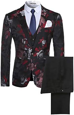 Cloudstyle Mens Fancy Notched Lapel Allover Floral Print Blazer suit 3-piece Set,Picture Color 1,Medium