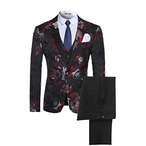 Cloudstyle Mens Fancy Notched Lapel Allover Floral Print Blazer Suit 3-Piece Set,Picture Color 1,Medium #TOP10
