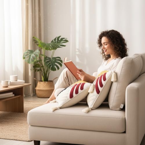 Image of RRC Boho Throw Pillows 16x16 Inch Set of 2 - Soft Mid Century Modern Decorative Pillow Covers, Aesthetic Cushion Cases for Couch, Sofa, Bed & Bedroom Decor (Brown, 16X16(Inches))
