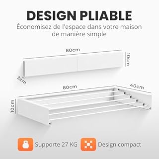 JUPPLIES Étendoir à Linge Mural Rétractable 80 cm – Séchoir Pliable Mural pour Intérieur ou Extérieur – Étendoir Compact en Aluminium 30 kg de Capacité (Blanc)