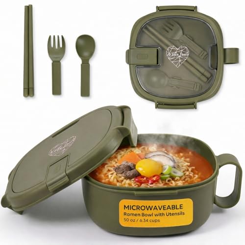 Microwave Ramen Bowl with Lid, Noodle Soup & Pasta Cooker, Leakproof,Green.