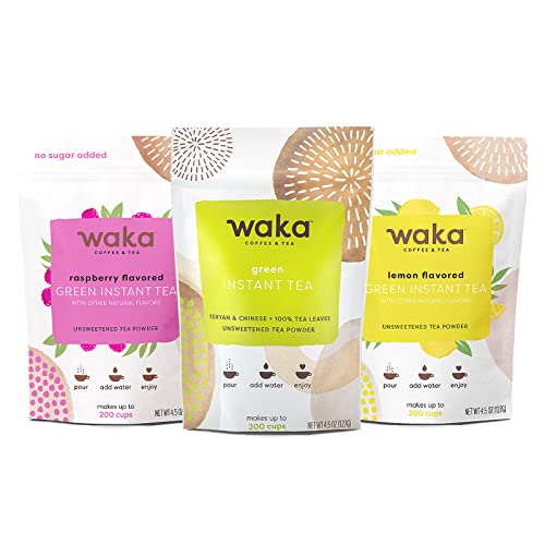 Waka Quality Instant Tea — Unsweetened 3 Bag Tea Combo — 100% Tea Leaves — Green, Raspberry Flavored, Lemon Flavored, 4.5 Oz Per Bag #TOP13