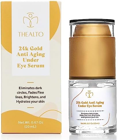 24k Gold Anti Aging Under Eye Serum - .67 oz (20 ml) - Eliminates Dark Circles, Brightens and Hydrates - Enriched with Vitamin C, Collagen, Hyaluronic Acid, and Caffeine - Potent Lift - Rapid Rewind