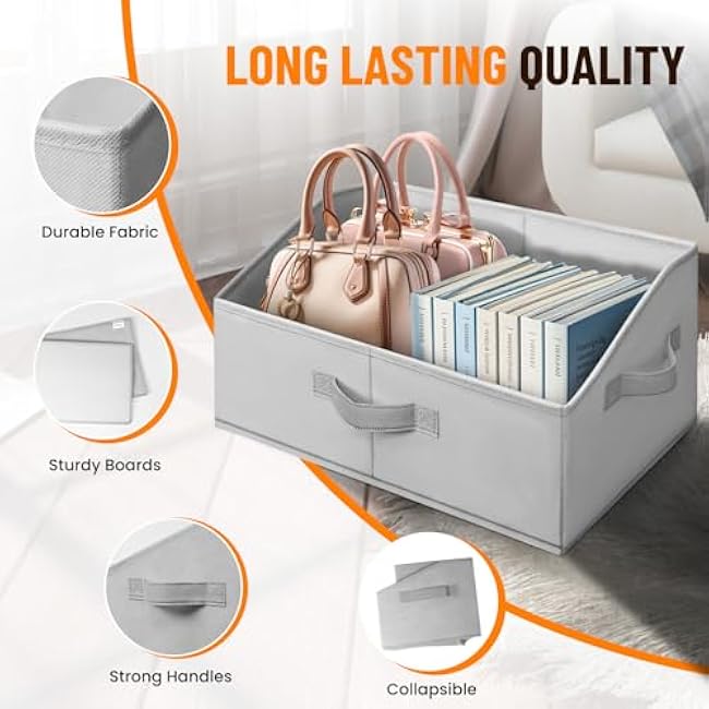 Criusia 4 Pack Large Closet Shelf Organizer Bins with Handles - Fabric Trapezoid Storage Baskets for Clothes, Towel, Blanket, Purse, Hats