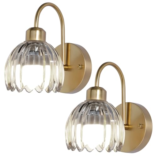 Image of Cordless Wall Sconce Sets of 2, Tulip Glass Shades Rechargeable Battery Operated Wall Sconce, Retro Flower Gold Wall Lights Bathroom Vanity Sconces, Wall Mounted Lamps for Bedroom Living Room